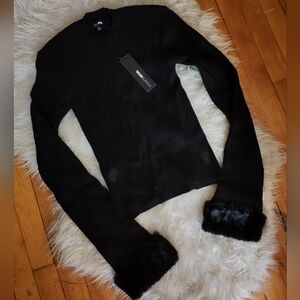 Black Ribbed Long Sleeve Sweater With Faux Fur Cuffs